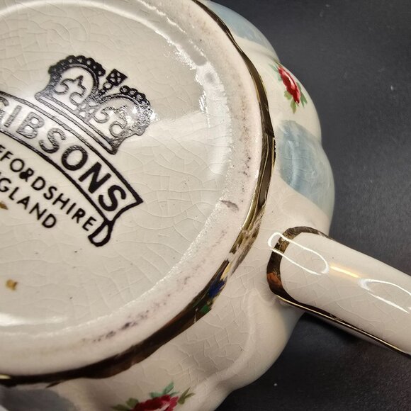 Rose Pumpkin Teapot With Blue and Gold Accents English Staffordshire JJ3837 - Picture 10 of 10